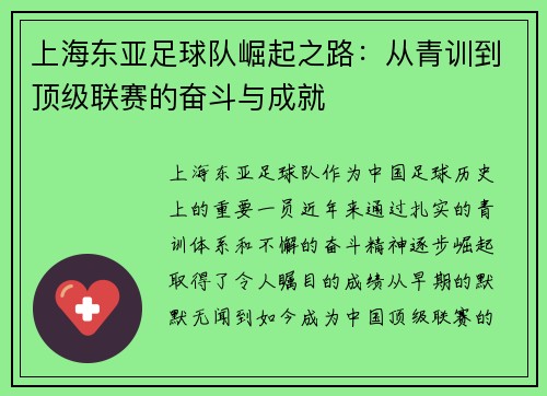 上海东亚足球队崛起之路：从青训到顶级联赛的奋斗与成就